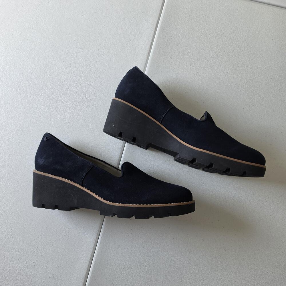 Vionic Willa Wedge Shoes Womens Size 10 Blue Suede Slip On Lug Sole Comfort